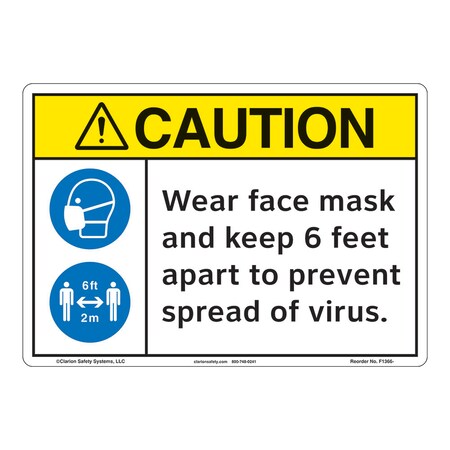 ANSI/ISO Compliant Caution/Wear Face Mask Safety Signs Indoor/Outdoor Flexible Polyester (ZA) 10x7